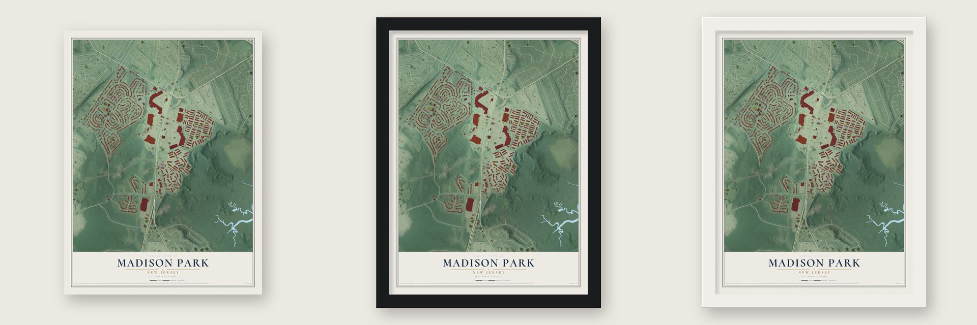 Madison Park, New Jersey map unframed, in a black wood frame and in a white wood frame