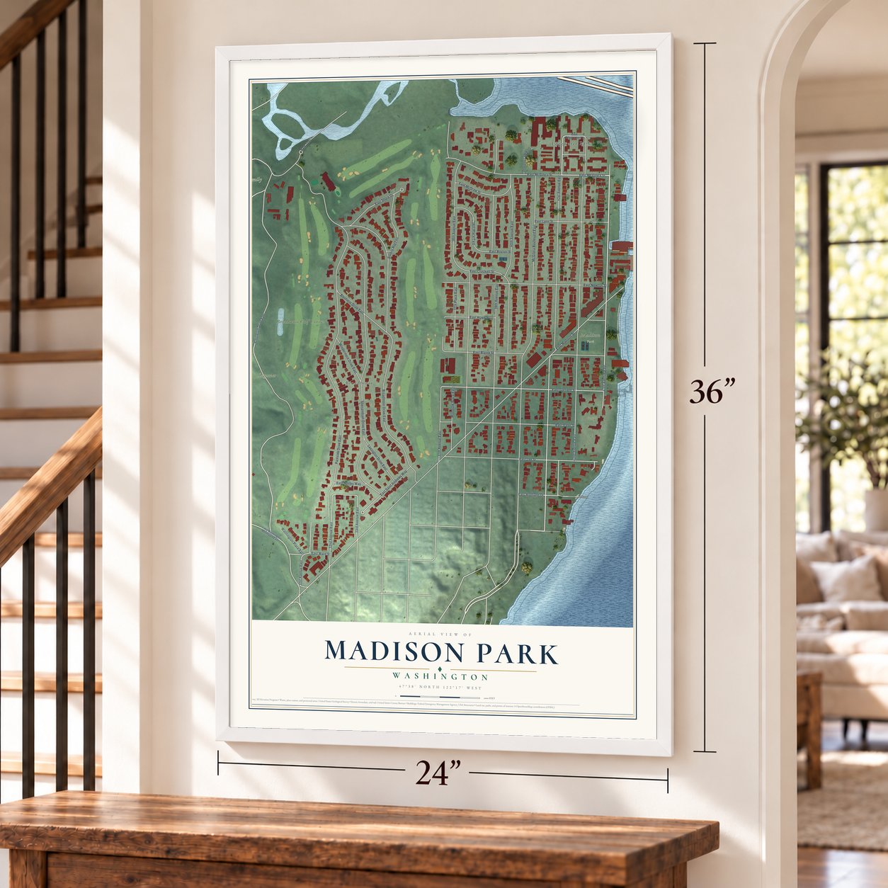 Madison Park, Washington map, 24 x 36 inch print in a white frame by a staircase