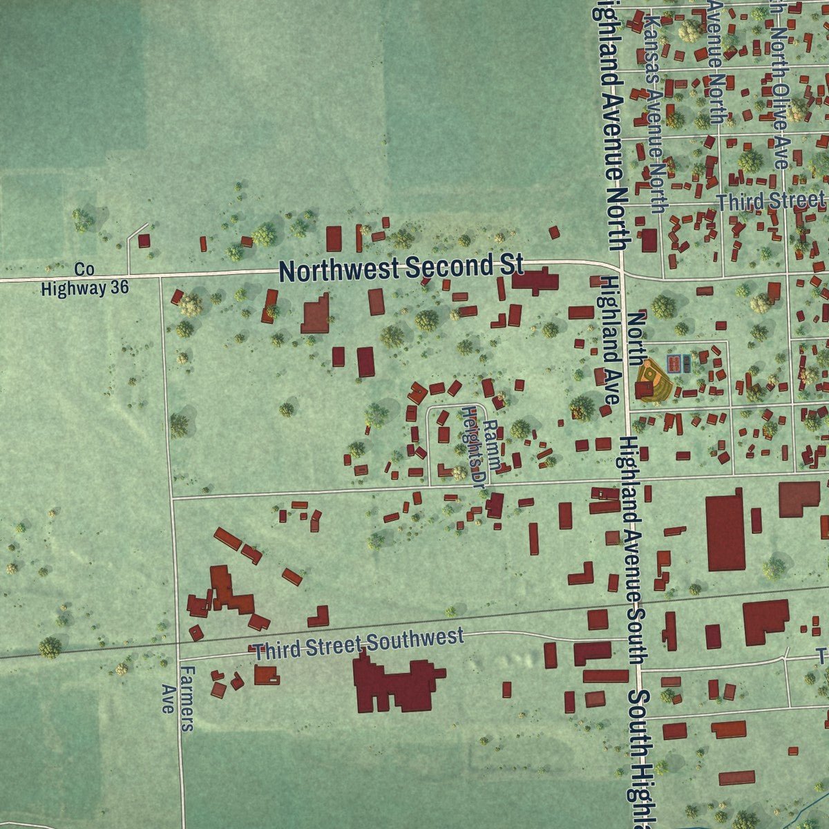 Second close-up of the map of Madison, South Dakota print showing more streets and buildings