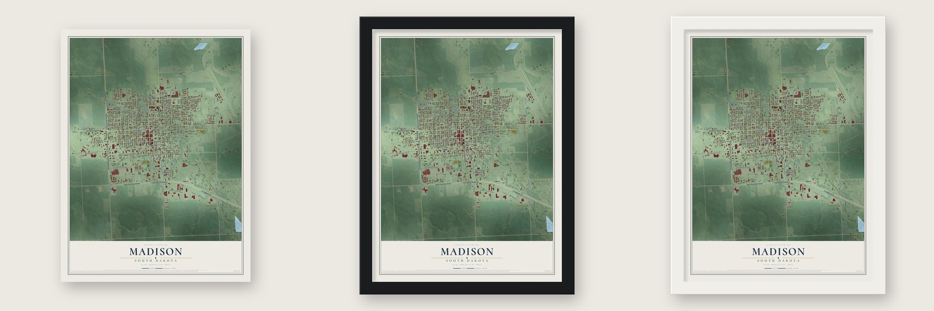 Madison, South Dakota map unframed, in a black wood frame and in a white wood frame