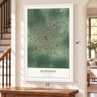 Madison, South Dakota map, 24 x 36 inch print in a white frame by a staircase