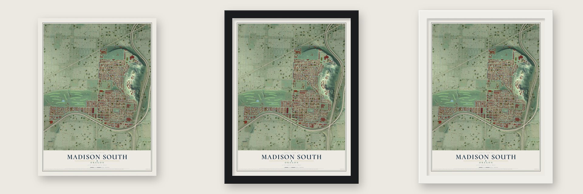 Madison South, Oregon map unframed, in a black wood frame and in a white wood frame