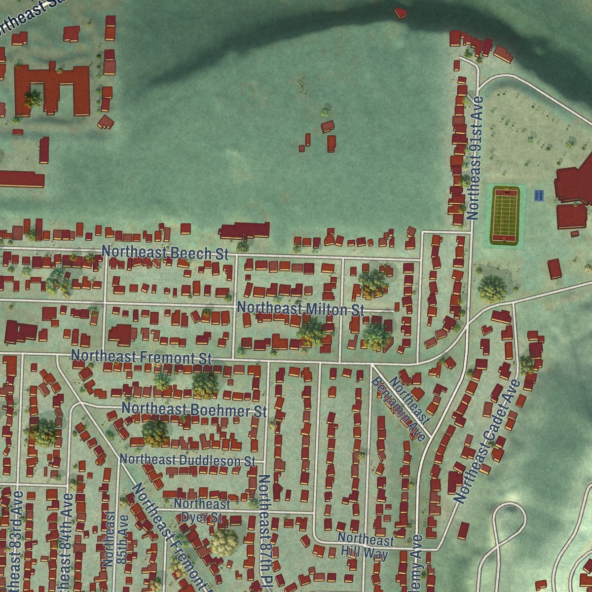 Second close-up of the map of Madison South, Oregon print showing more streets and buildings