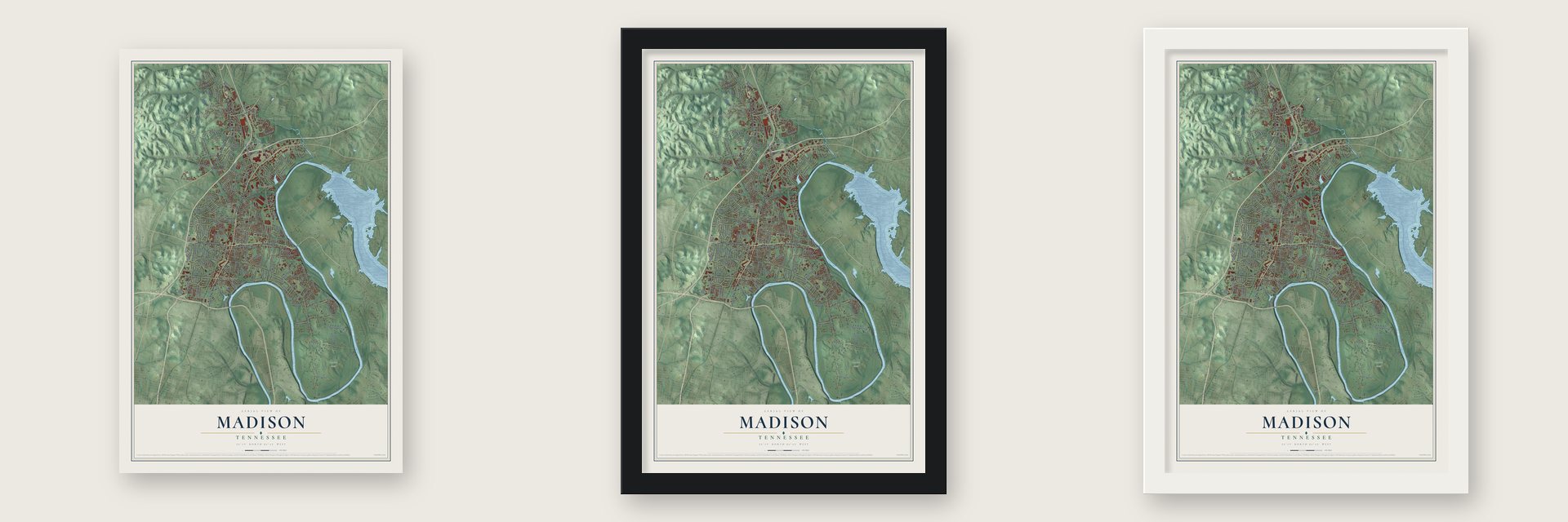 Madison, Tennessee map unframed, in a black wood frame and in a white wood frame