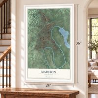 Madison, Tennessee map, 24 x 36 inch print in a white frame by a staircase