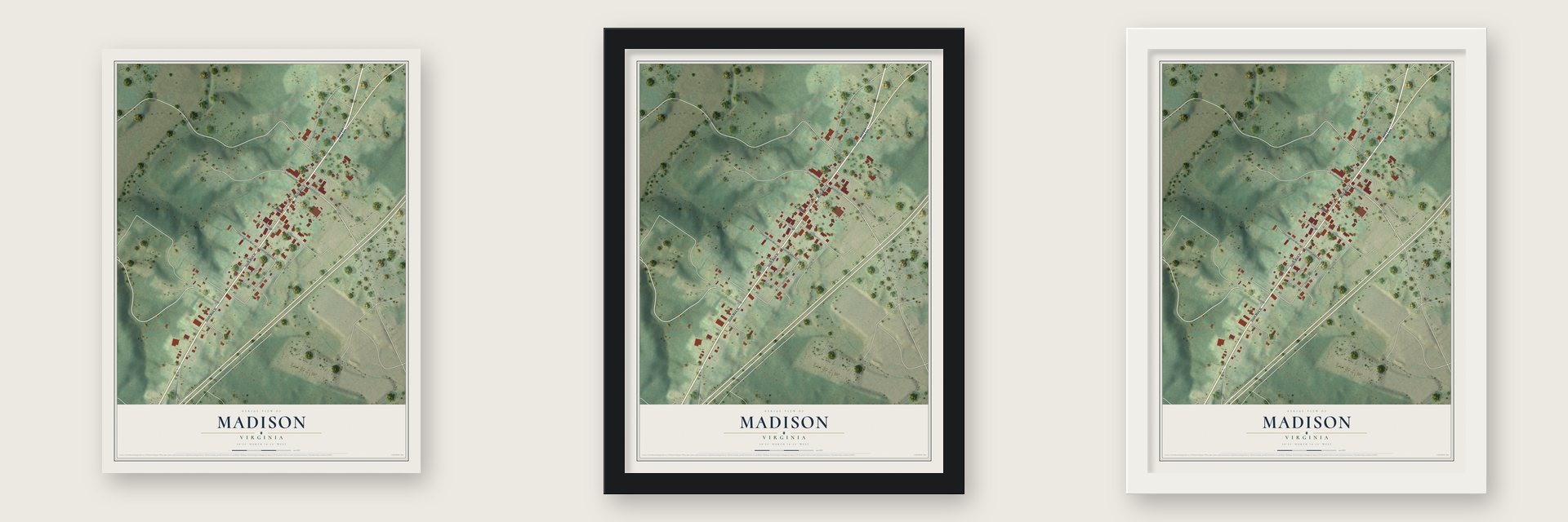 Madison, Virginia map unframed, in a black wood frame and in a white wood frame