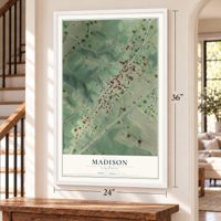 Madison, Virginia map, 24 x 36 inch print in a white frame by a staircase