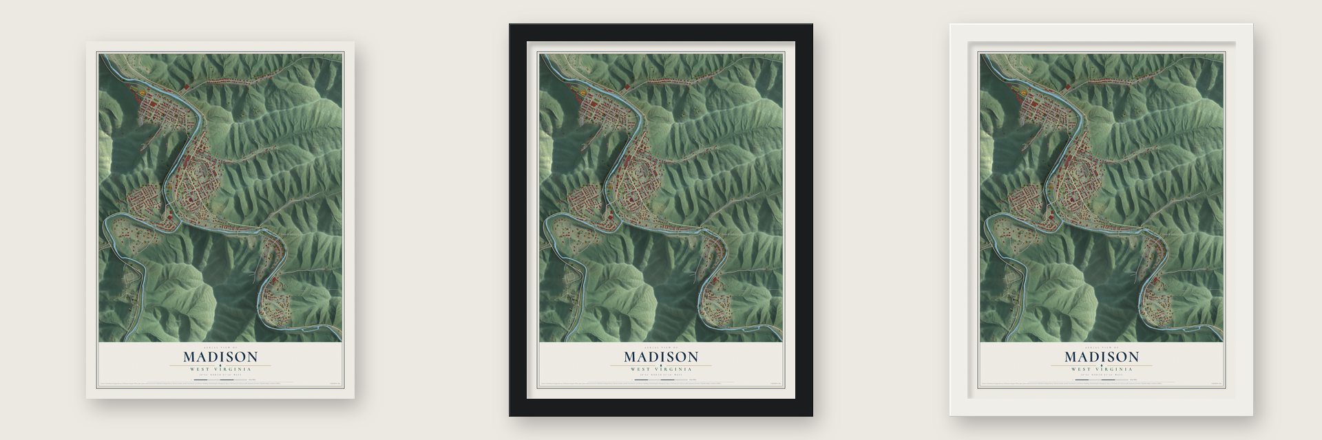 Madison, West Virginia map unframed, in a black wood frame and in a white wood frame