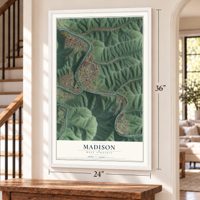 Madison, West Virginia map, 24 x 36 inch print in a white frame by a staircase