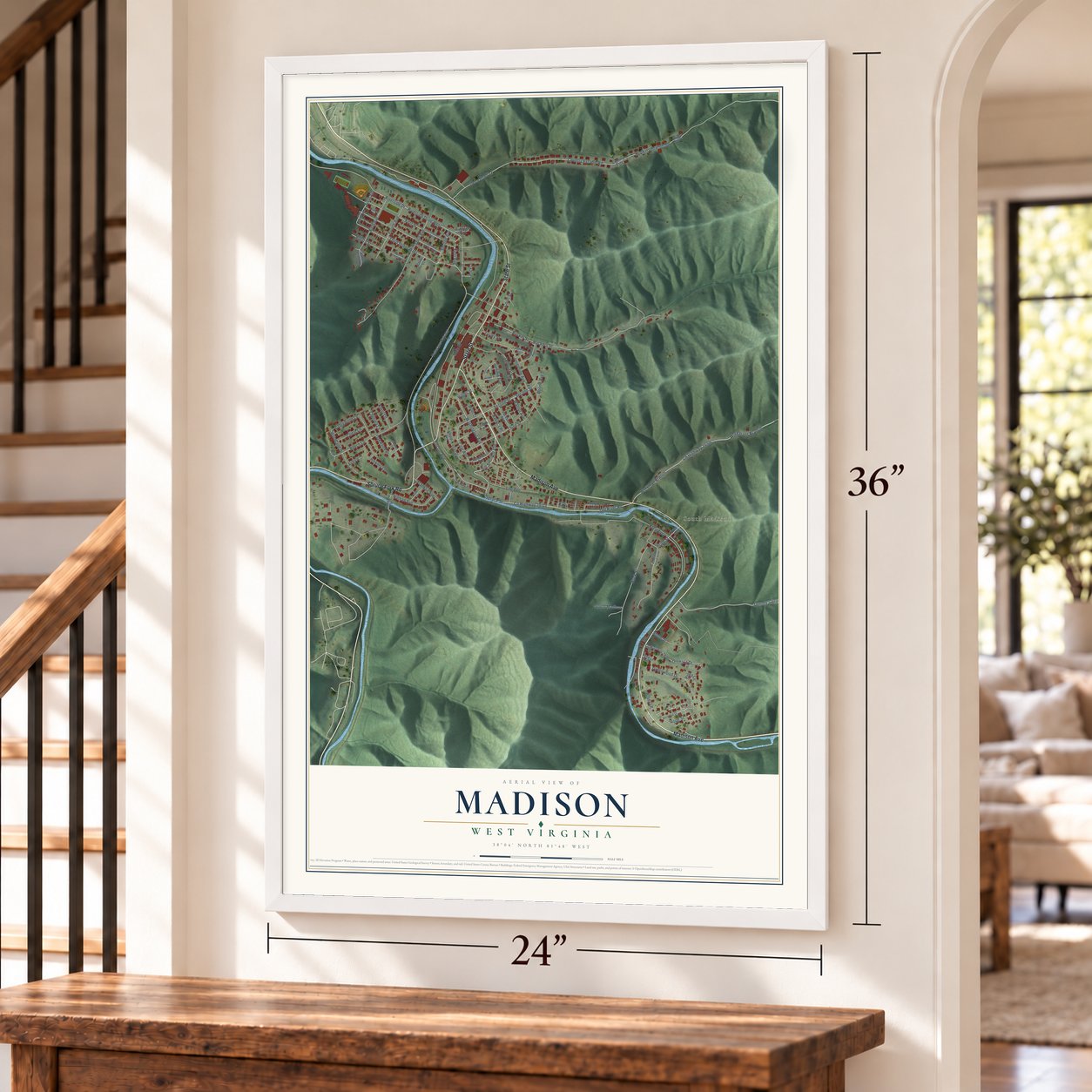Madison, West Virginia map, 24 x 36 inch print in a white frame by a staircase
