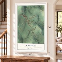 Madison, Westmoreland County, Pennsylvania map, 24 x 36 inch print in a white frame by a staircase