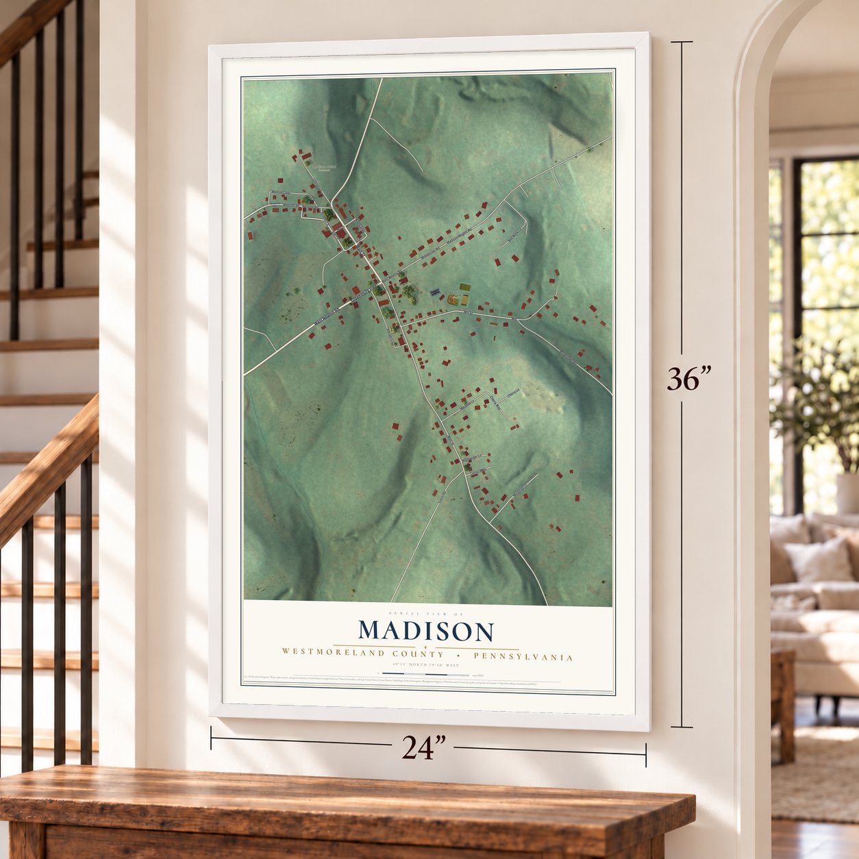 Madison, Westmoreland County, Pennsylvania map, 24 x 36 inch print in a white frame by a staircase
