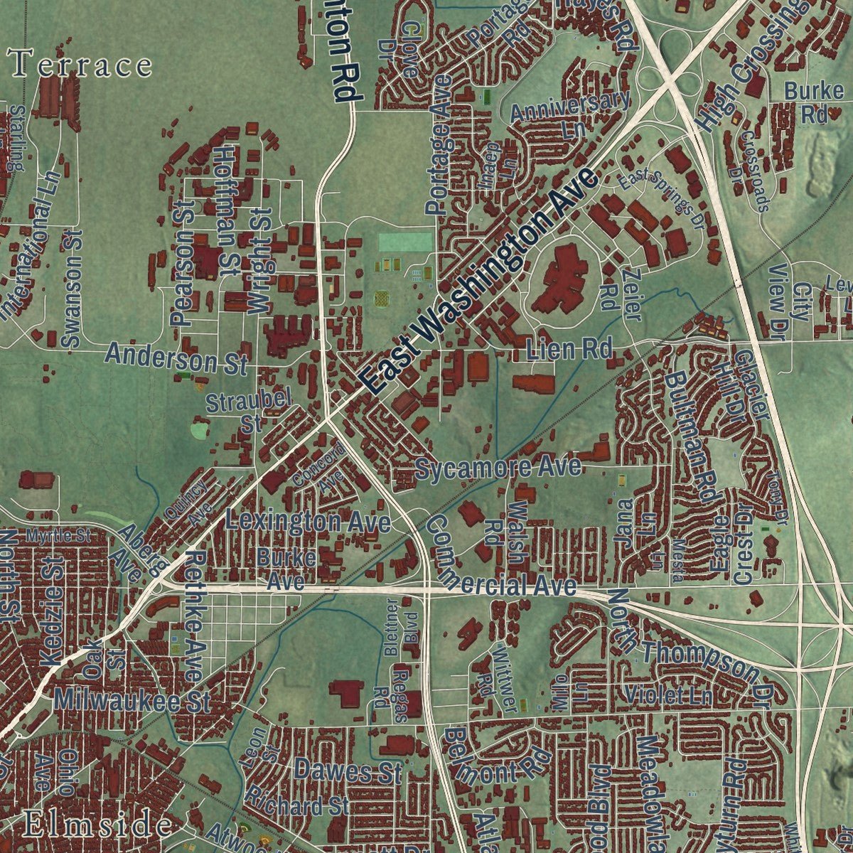 Second close-up of the map of Madison, Wisconsin print showing more streets and buildings