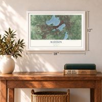 Madison, Wisconsin map, 12 x 18 inch print in a white frame in an entryway