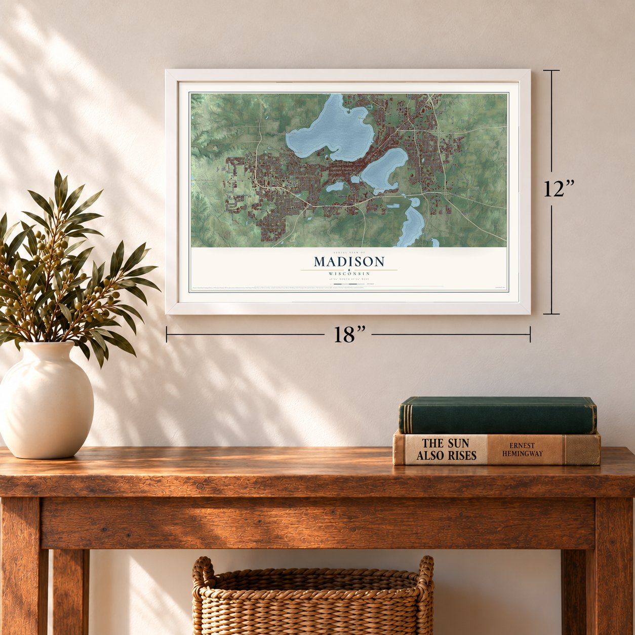 Madison, Wisconsin map, 12 x 18 inch print in a white frame in an entryway
