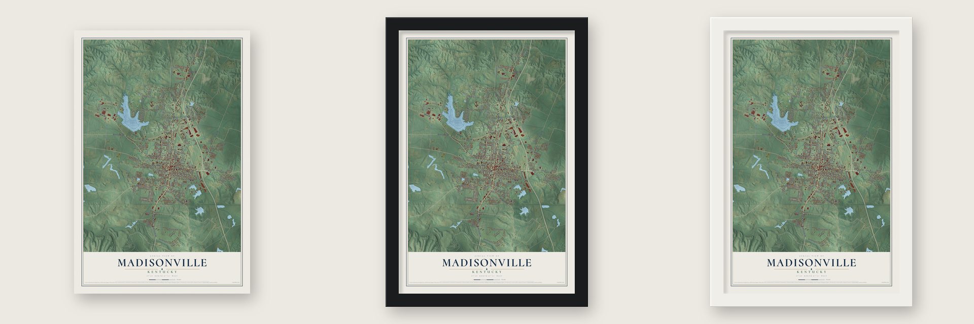 Madisonville, Kentucky map unframed, in a black wood frame and in a white wood frame