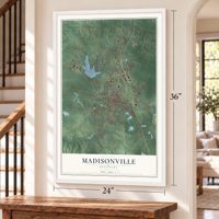 Madisonville, Kentucky map, 24 x 36 inch print in a white frame by a staircase