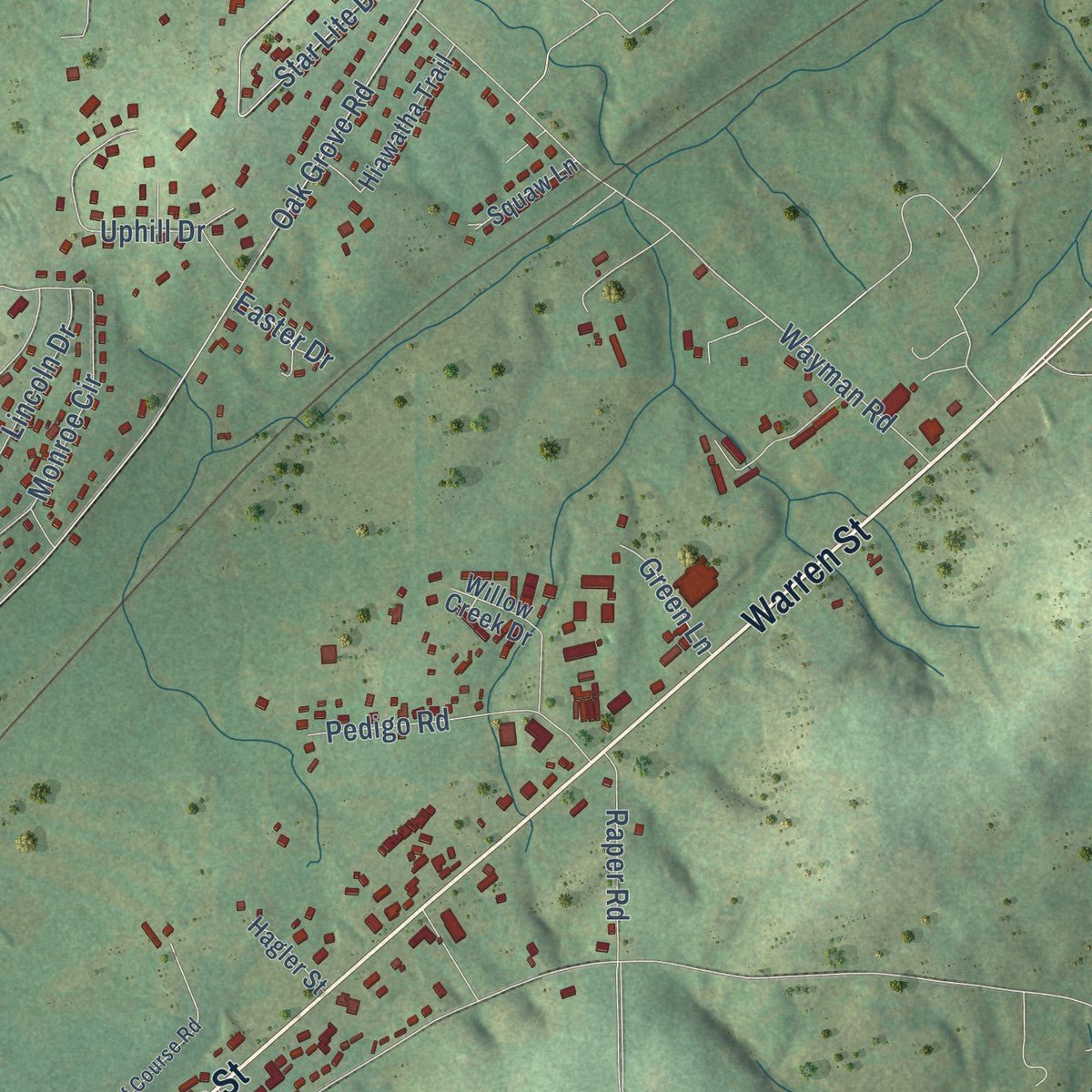 Second close-up of the map of Madisonville, Tennessee print showing more streets and buildings