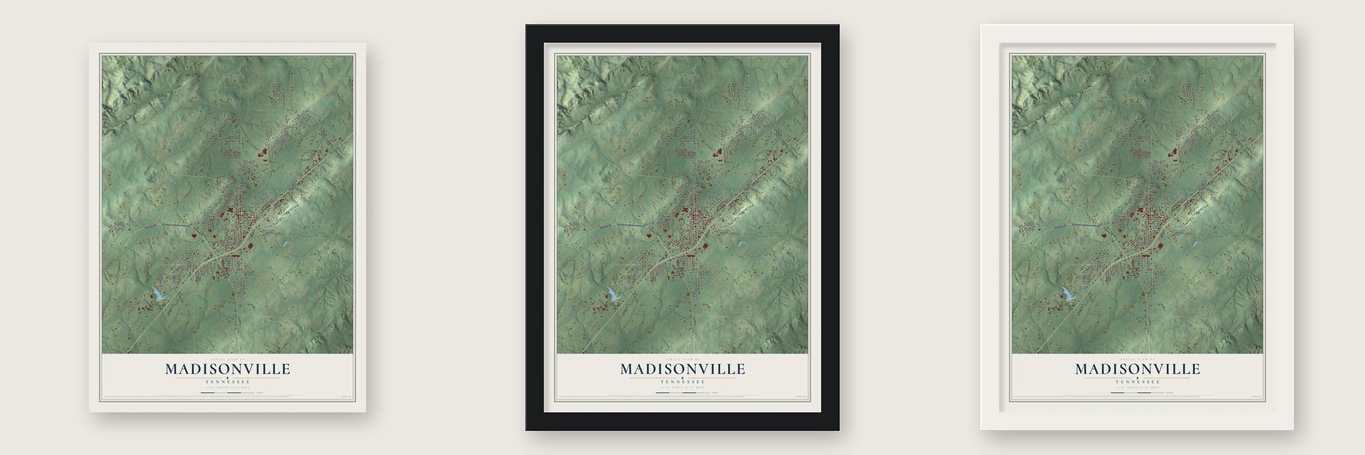 Madisonville, Tennessee map unframed, in a black wood frame and in a white wood frame