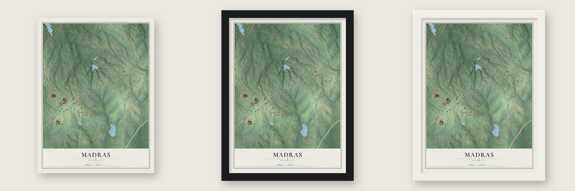 Madras, Georgia map unframed, in a black wood frame and in a white wood frame