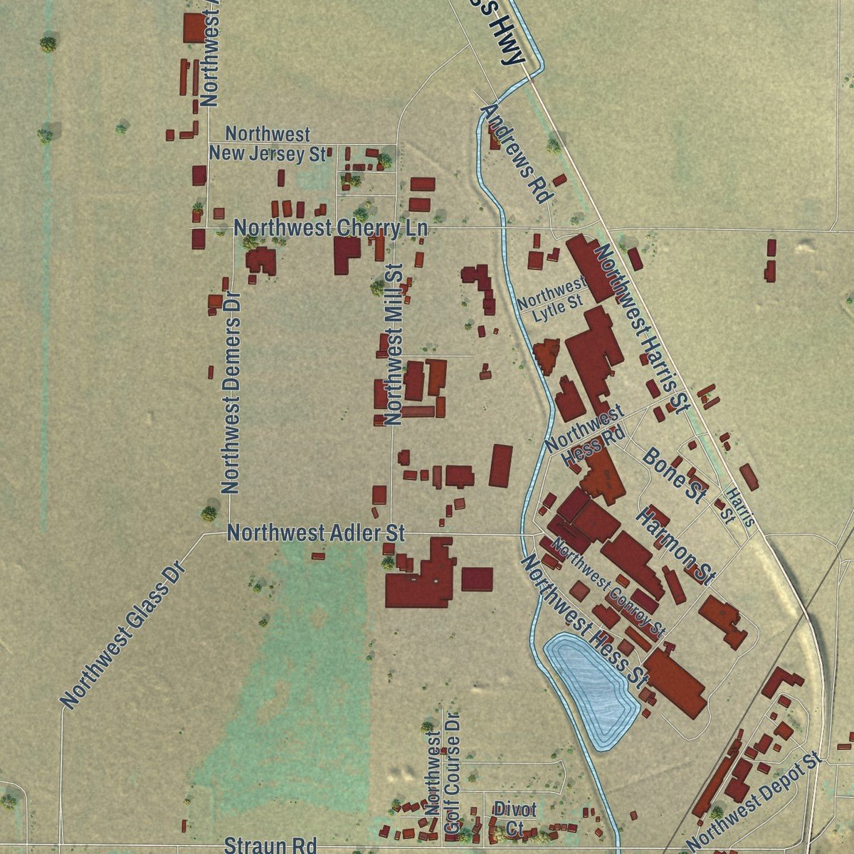 Second close-up of the map of Madras, Oregon print showing more streets and buildings