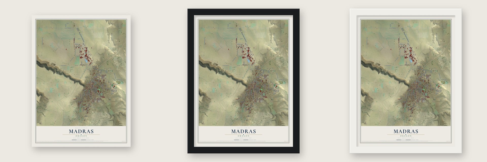 Madras, Oregon map unframed, in a black wood frame and in a white wood frame