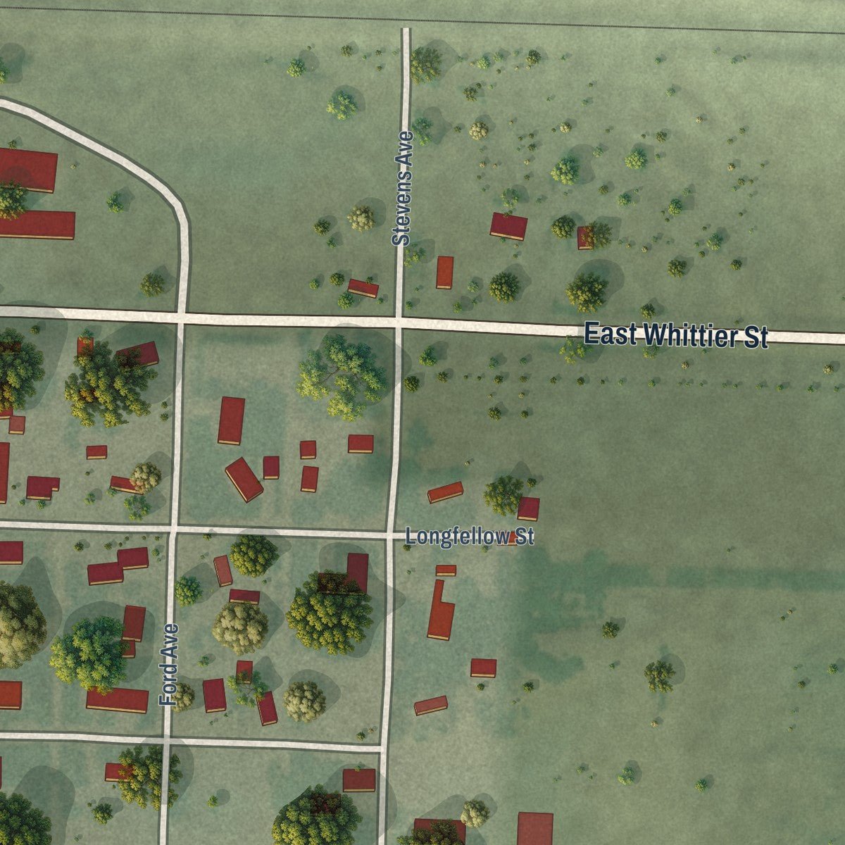 Second close-up of the map of Madrid, Nebraska print showing more streets and buildings