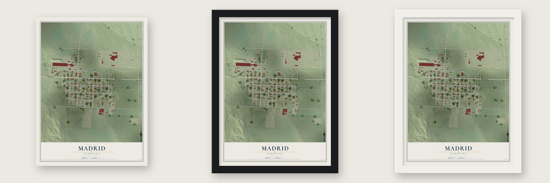 Madrid, Nebraska map unframed, in a black wood frame and in a white wood frame