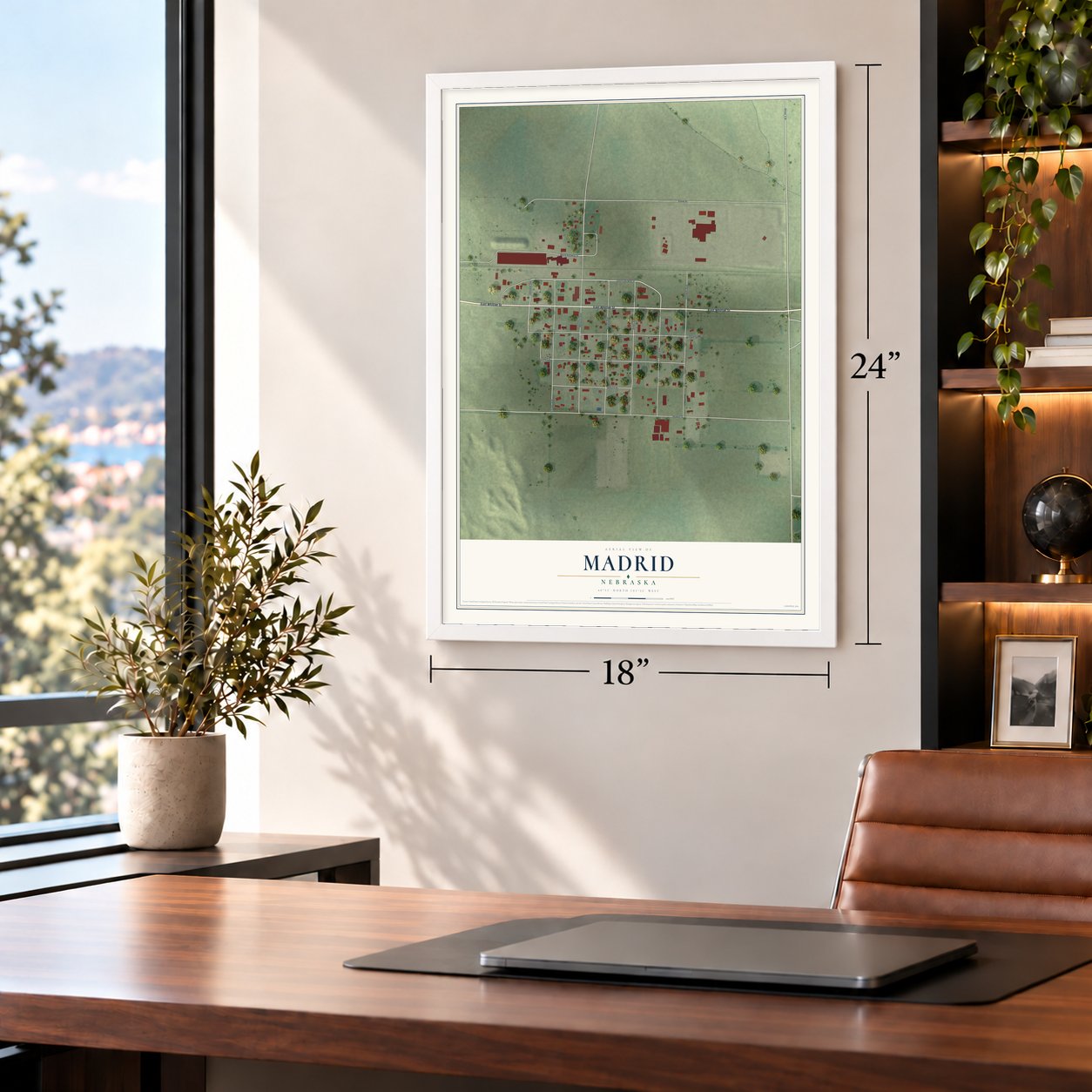 Madrid, Nebraska map, 18 x 24 inch print in a white frame in a home office