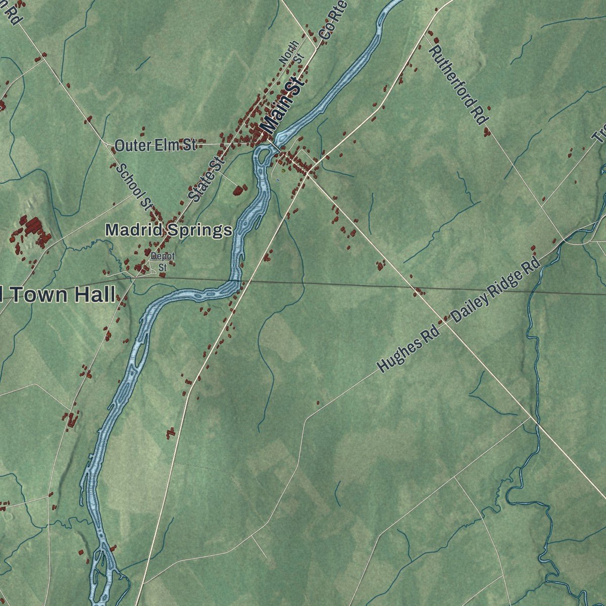 Second close-up of the map of Madrid, New York print showing more streets and buildings