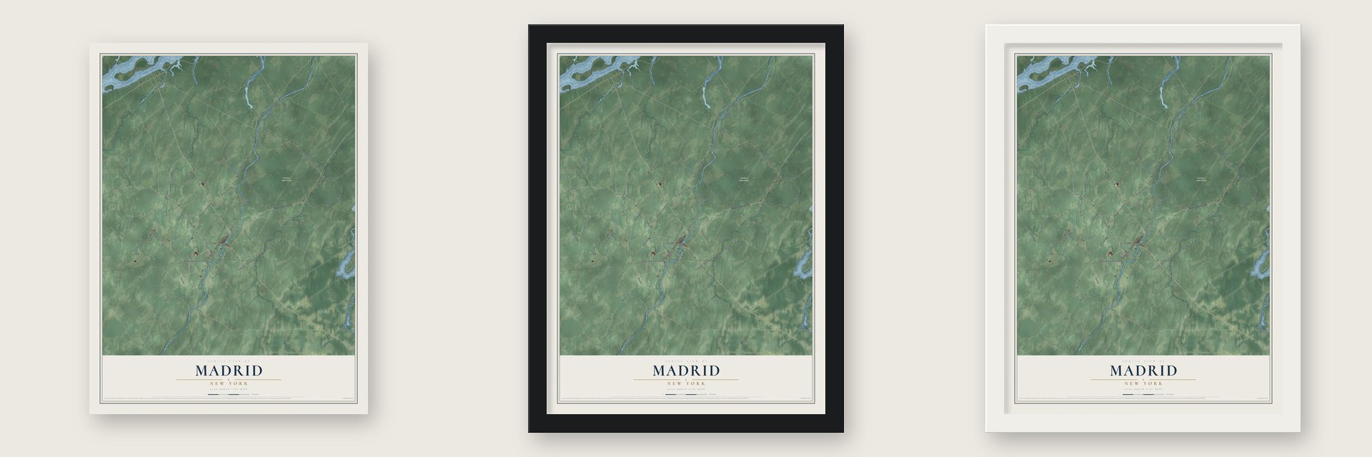 Madrid, New York map unframed, in a black wood frame and in a white wood frame