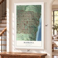 Madrona, Washington map, 24 x 36 inch print in a white frame by a staircase