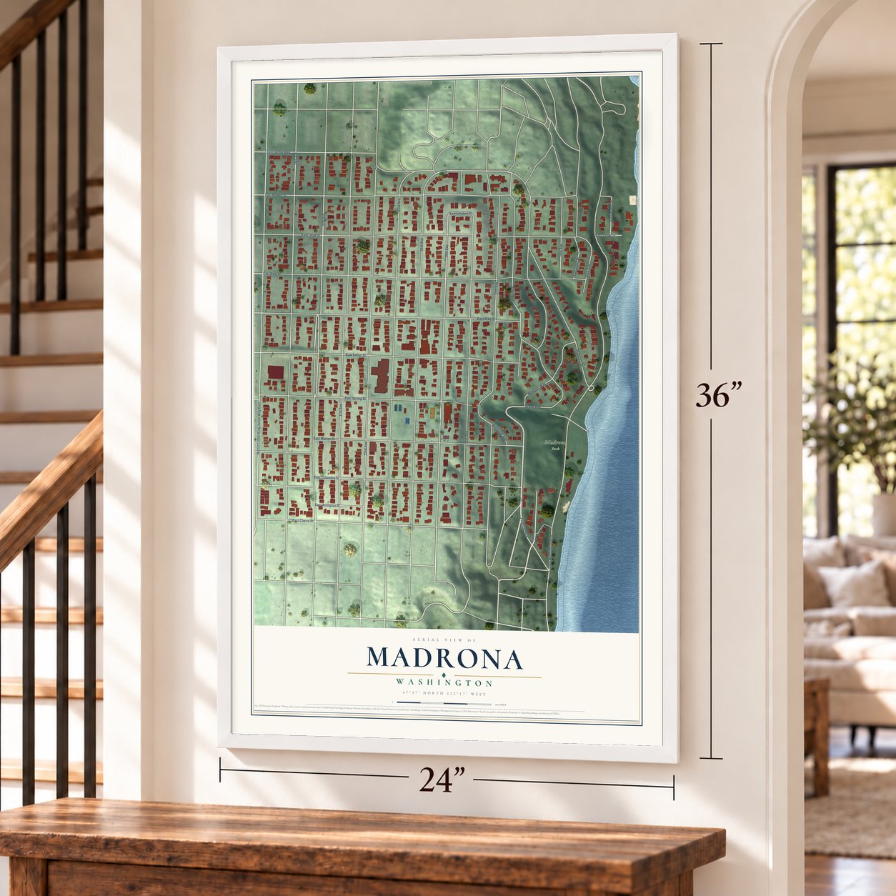 Madrona, Washington map, 24 x 36 inch print in a white frame by a staircase