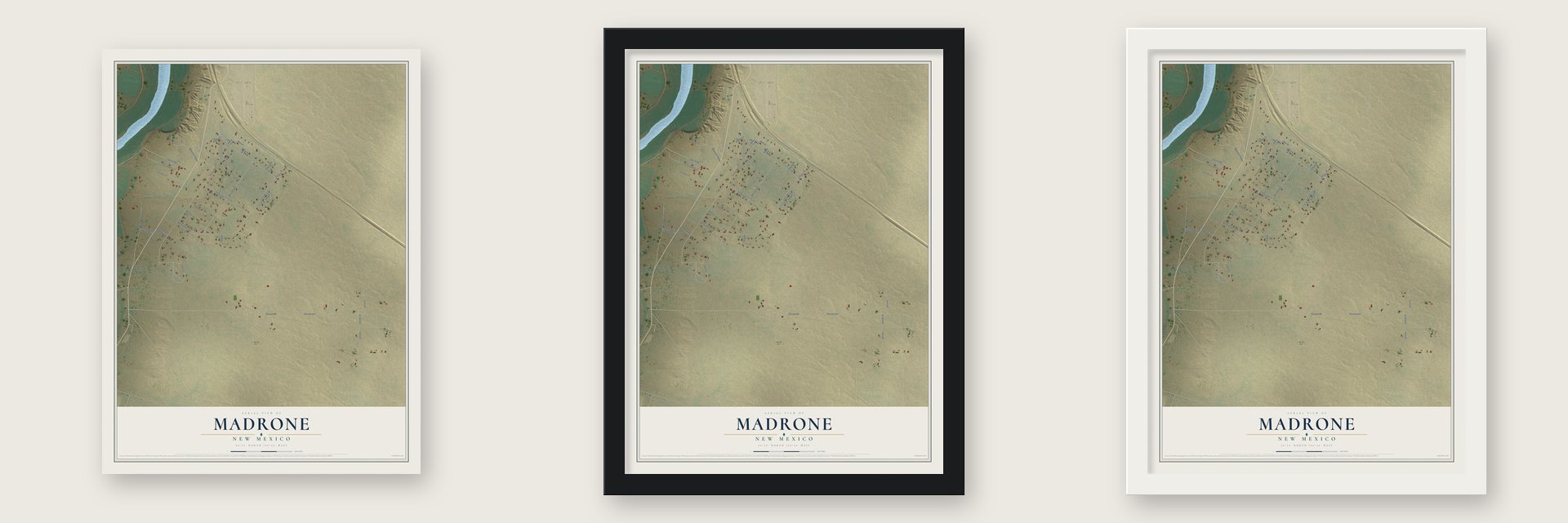 Madrone, New Mexico map unframed, in a black wood frame and in a white wood frame