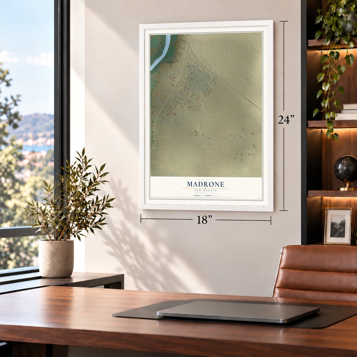 Madrone, New Mexico map, 18 x 24 inch print in a white frame in a home office