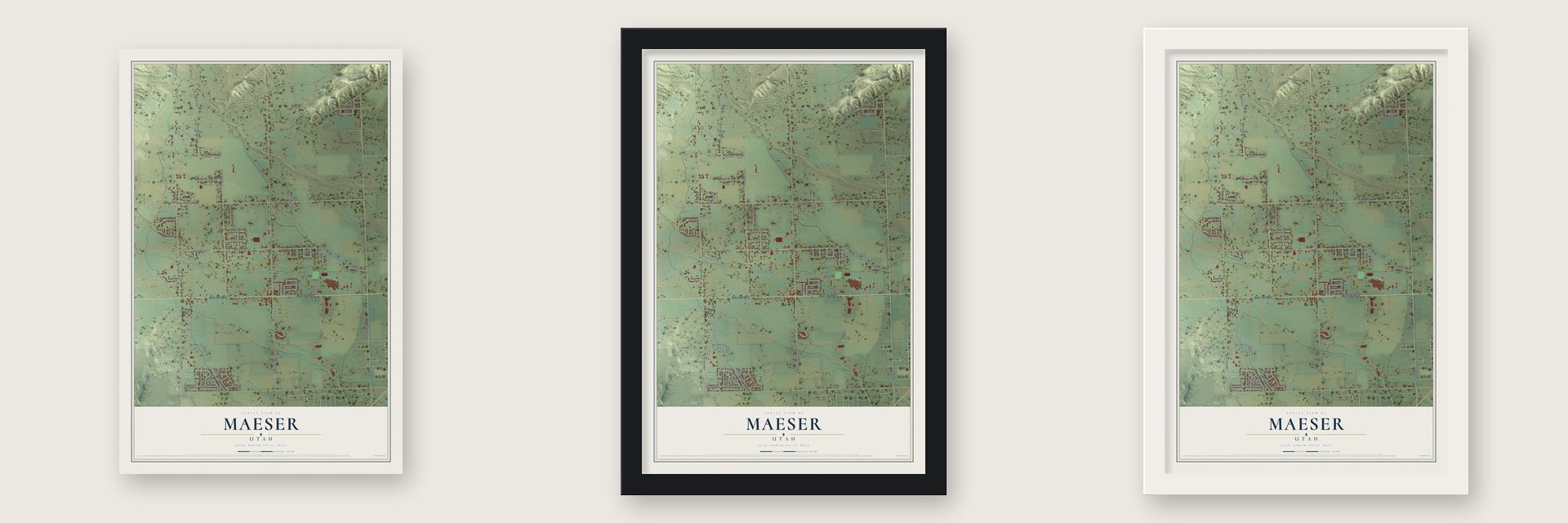 Maeser, Utah map unframed, in a black wood frame and in a white wood frame