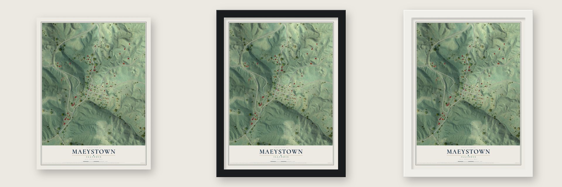Maeystown, Illinois map unframed, in a black wood frame and in a white wood frame