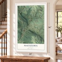 Maeystown, Illinois map, 24 x 36 inch print in a white frame by a staircase