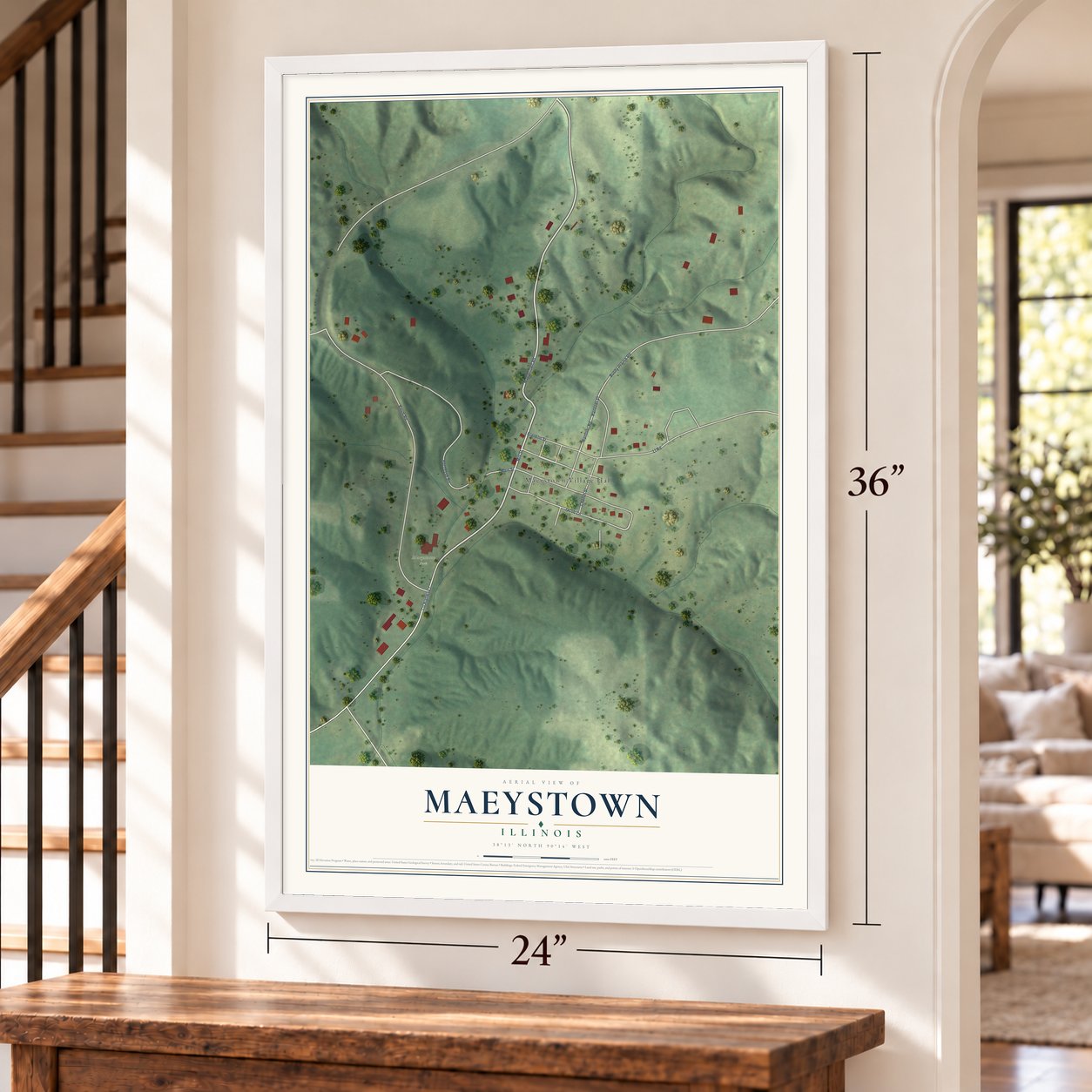 Maeystown, Illinois map, 24 x 36 inch print in a white frame by a staircase