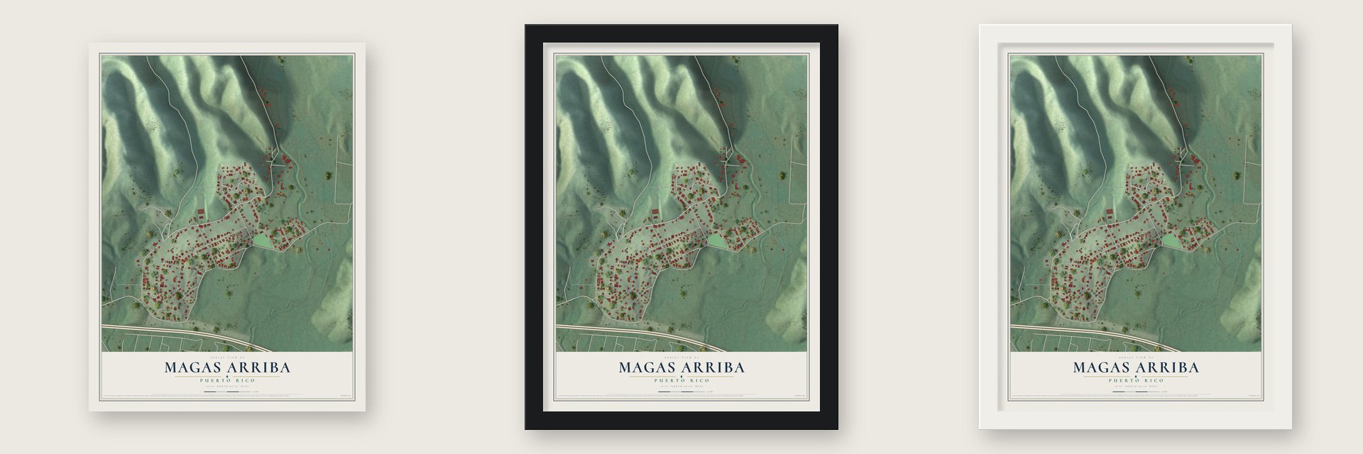 Magas Arriba, Puerto Rico map unframed, in a black wood frame and in a white wood frame