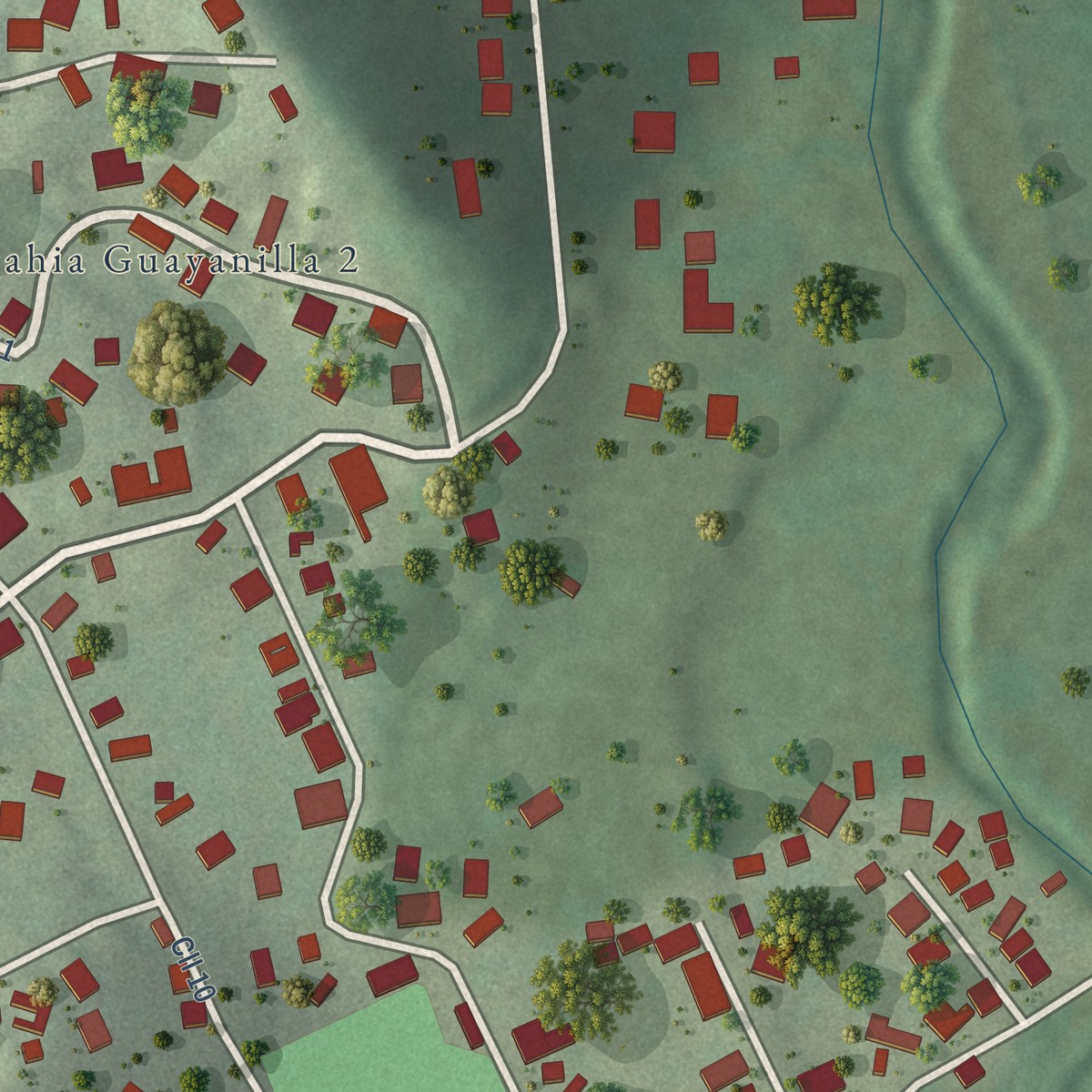 Second close-up of the map of Magas Arriba, Puerto Rico print showing more streets and buildings