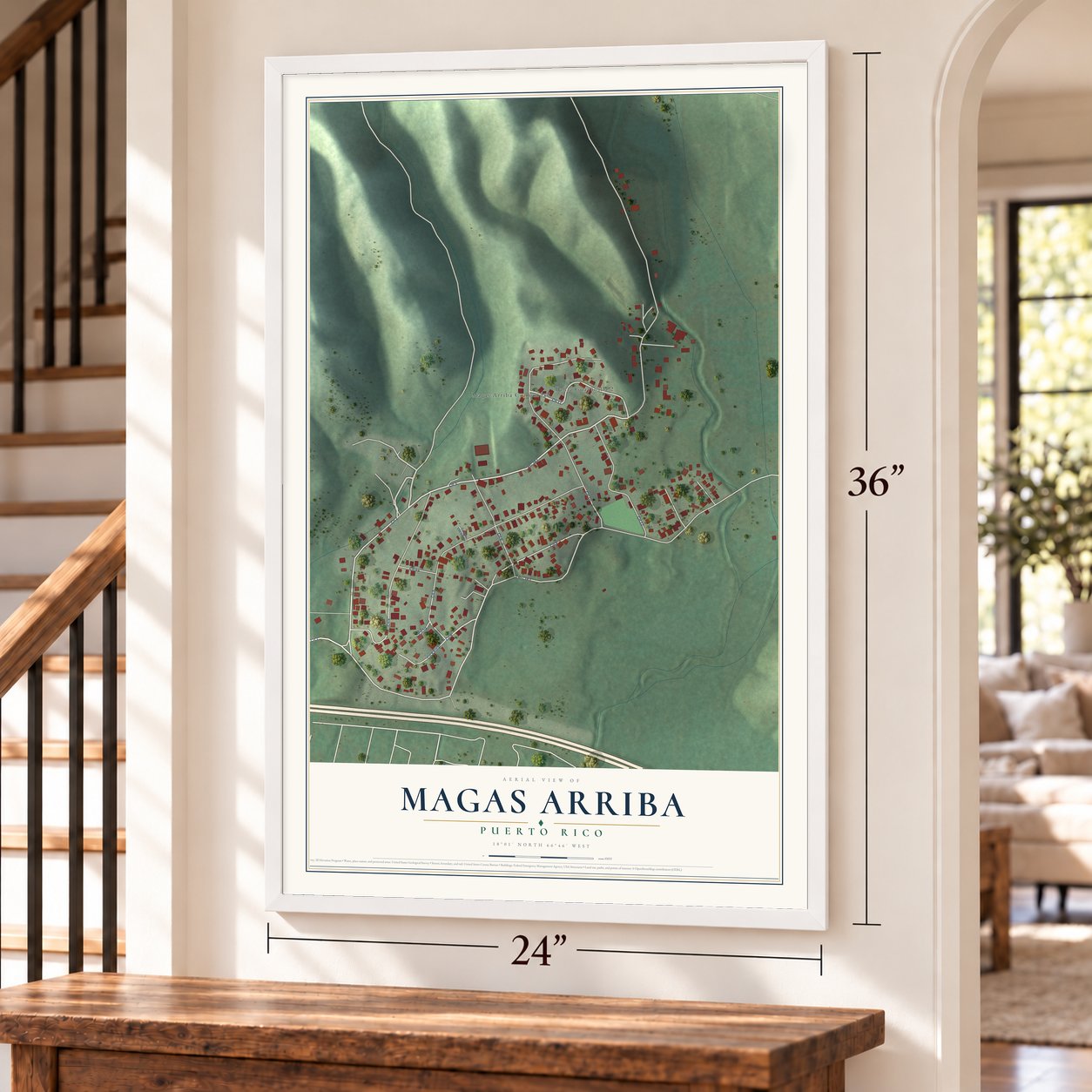 Magas Arriba, Puerto Rico map, 24 x 36 inch print in a white frame by a staircase
