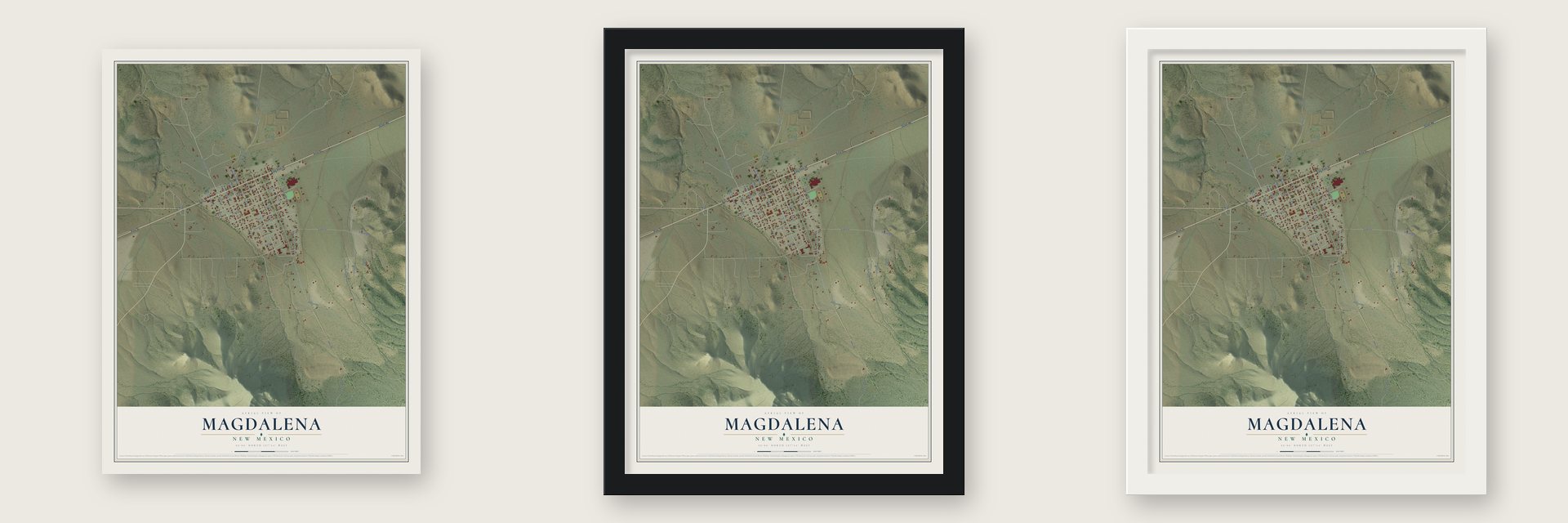 Magdalena, New Mexico map unframed, in a black wood frame and in a white wood frame
