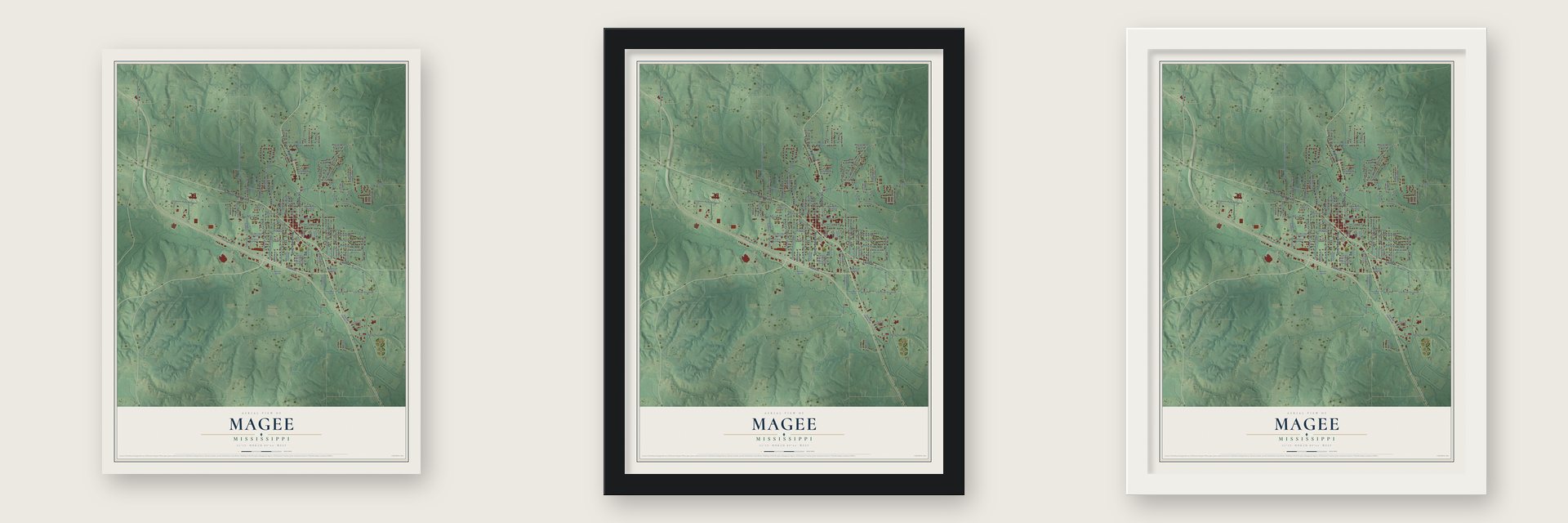 Magee, Mississippi map unframed, in a black wood frame and in a white wood frame