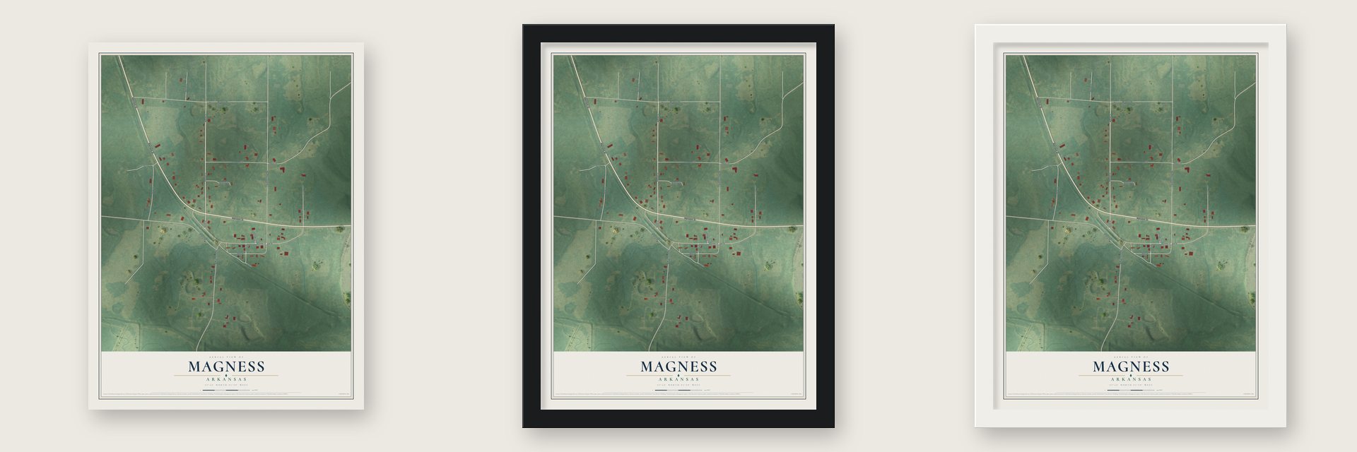 Magness, Arkansas map unframed, in a black wood frame and in a white wood frame