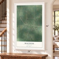 Magness, Arkansas map, 24 x 36 inch print in a white frame by a staircase