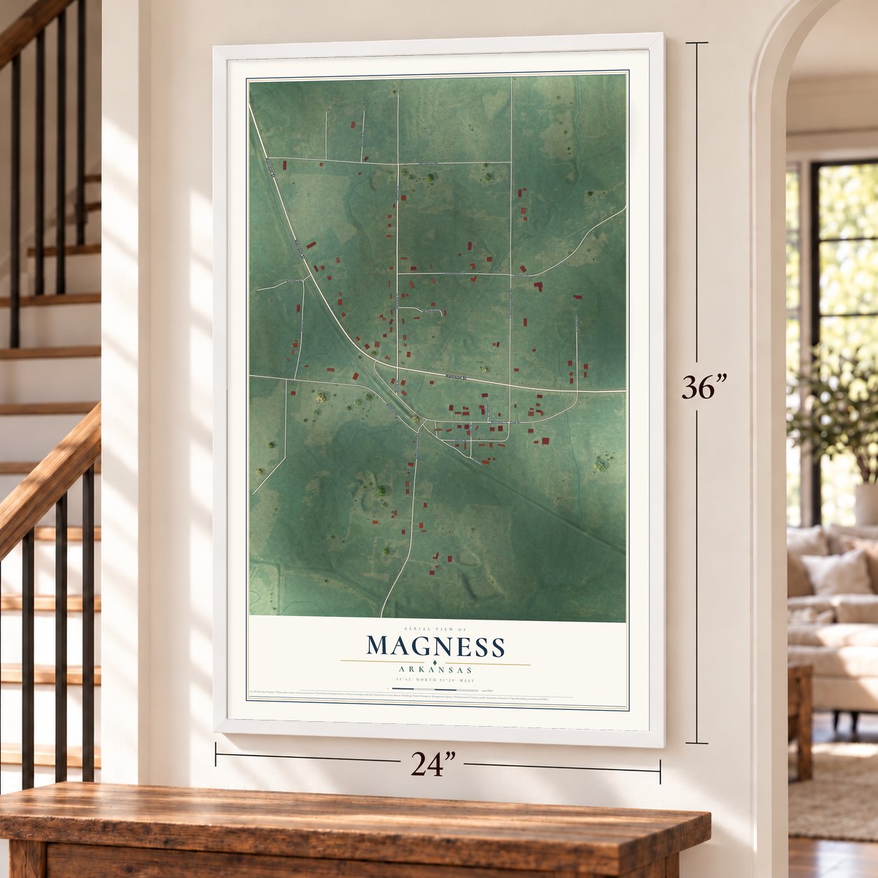 Magness, Arkansas map, 24 x 36 inch print in a white frame by a staircase