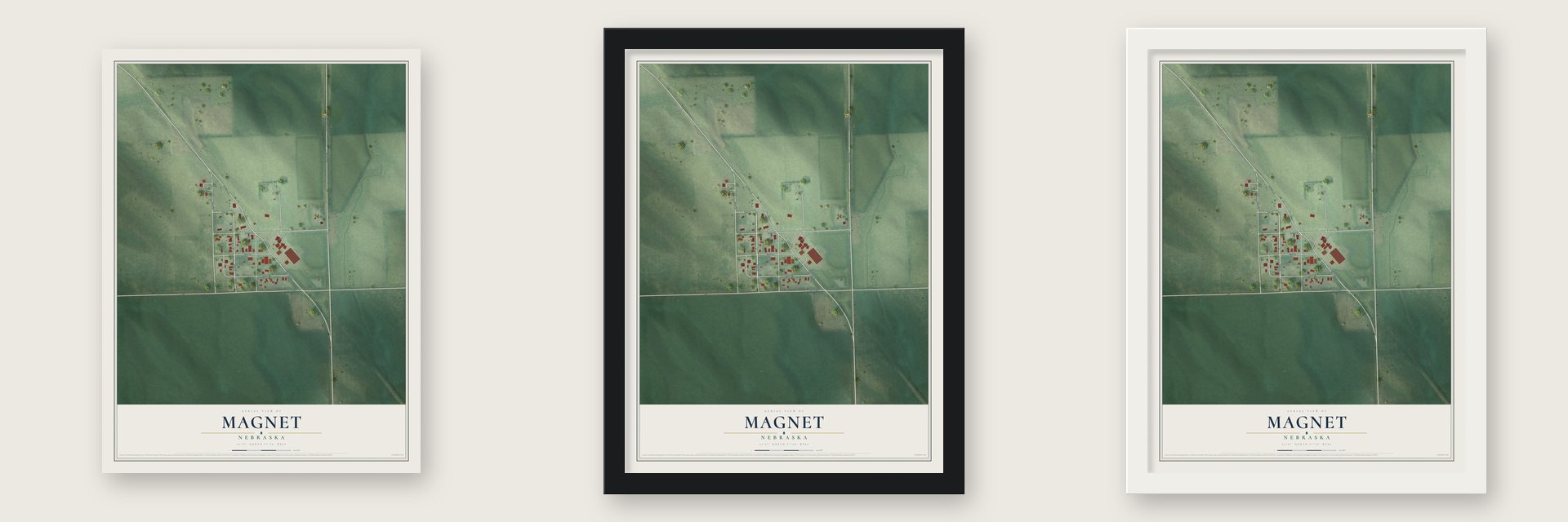 Magnet, Nebraska map unframed, in a black wood frame and in a white wood frame