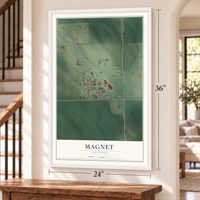 Magnet, Nebraska map, 24 x 36 inch print in a white frame by a staircase