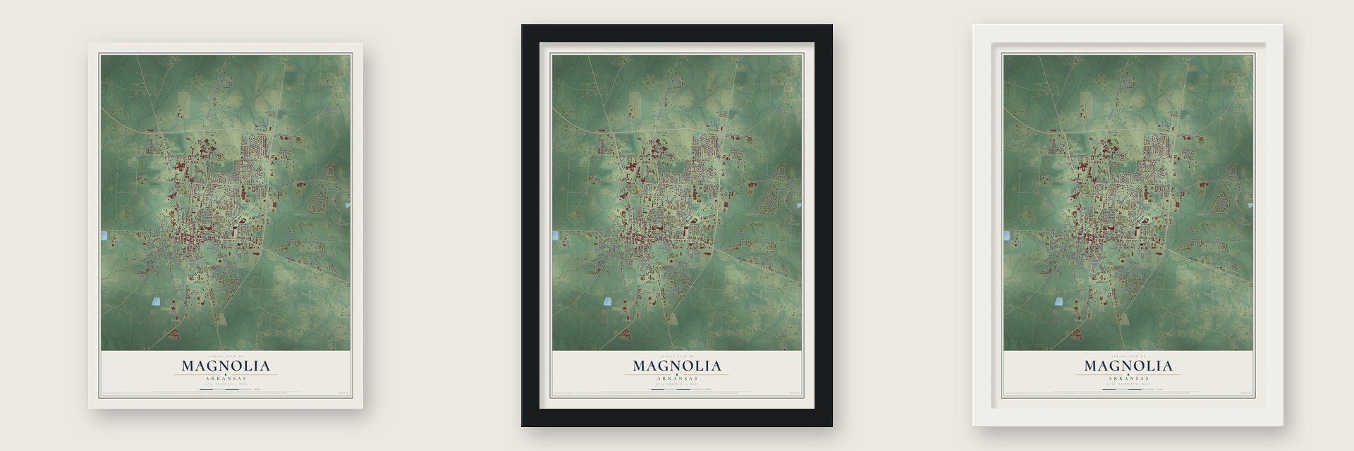 Magnolia, Arkansas map unframed, in a black wood frame and in a white wood frame